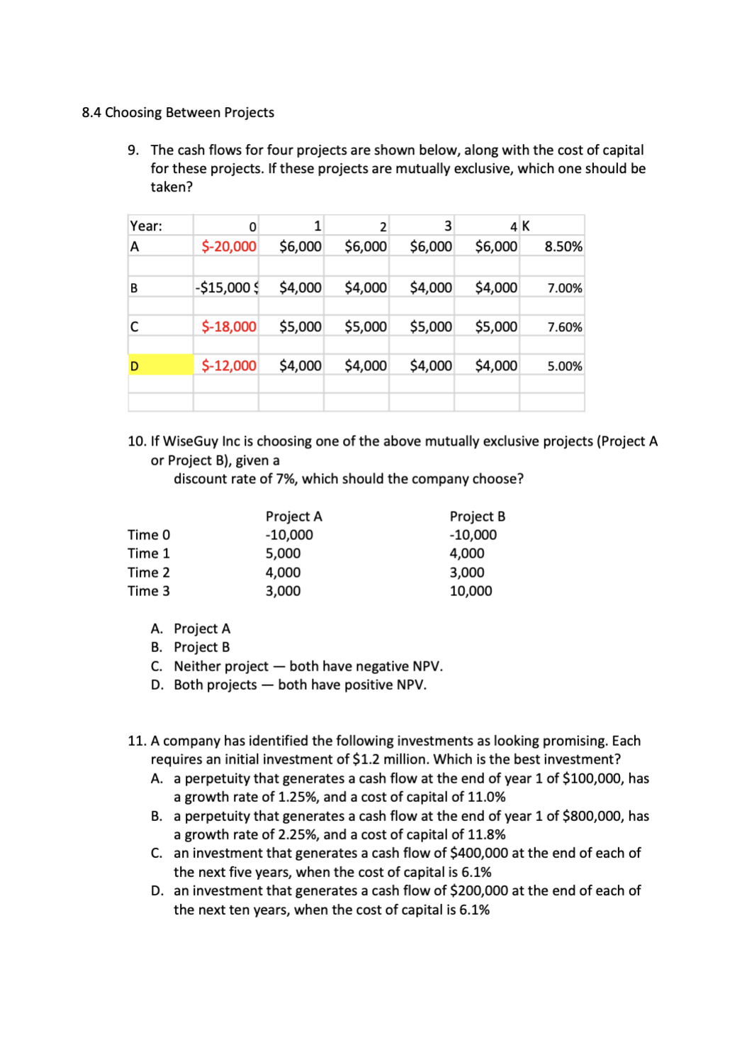 Class Test: Chapter 8 Investment Decision Rules