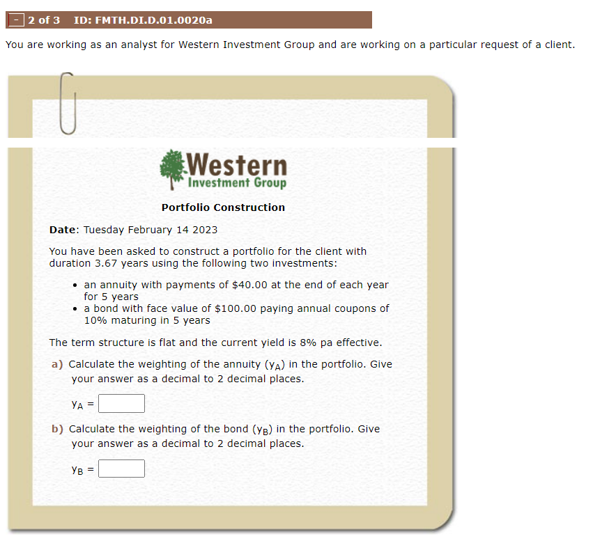 :l 2 of 3 ID: FMTH.DI.D.01.0020a You are working