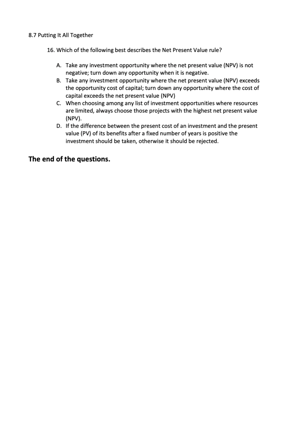 Class Test: Chapter 8 Investment Decision Rules