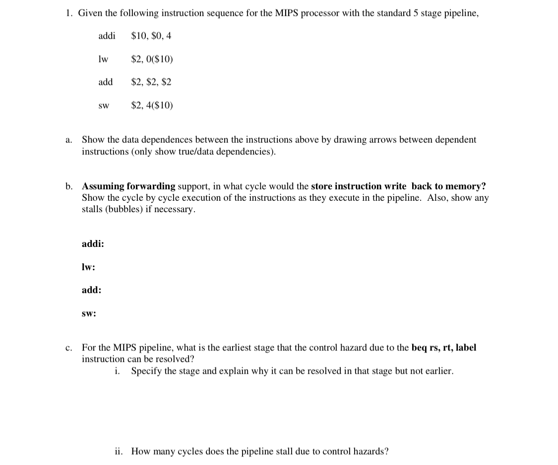 Given the following instruction sequence for the