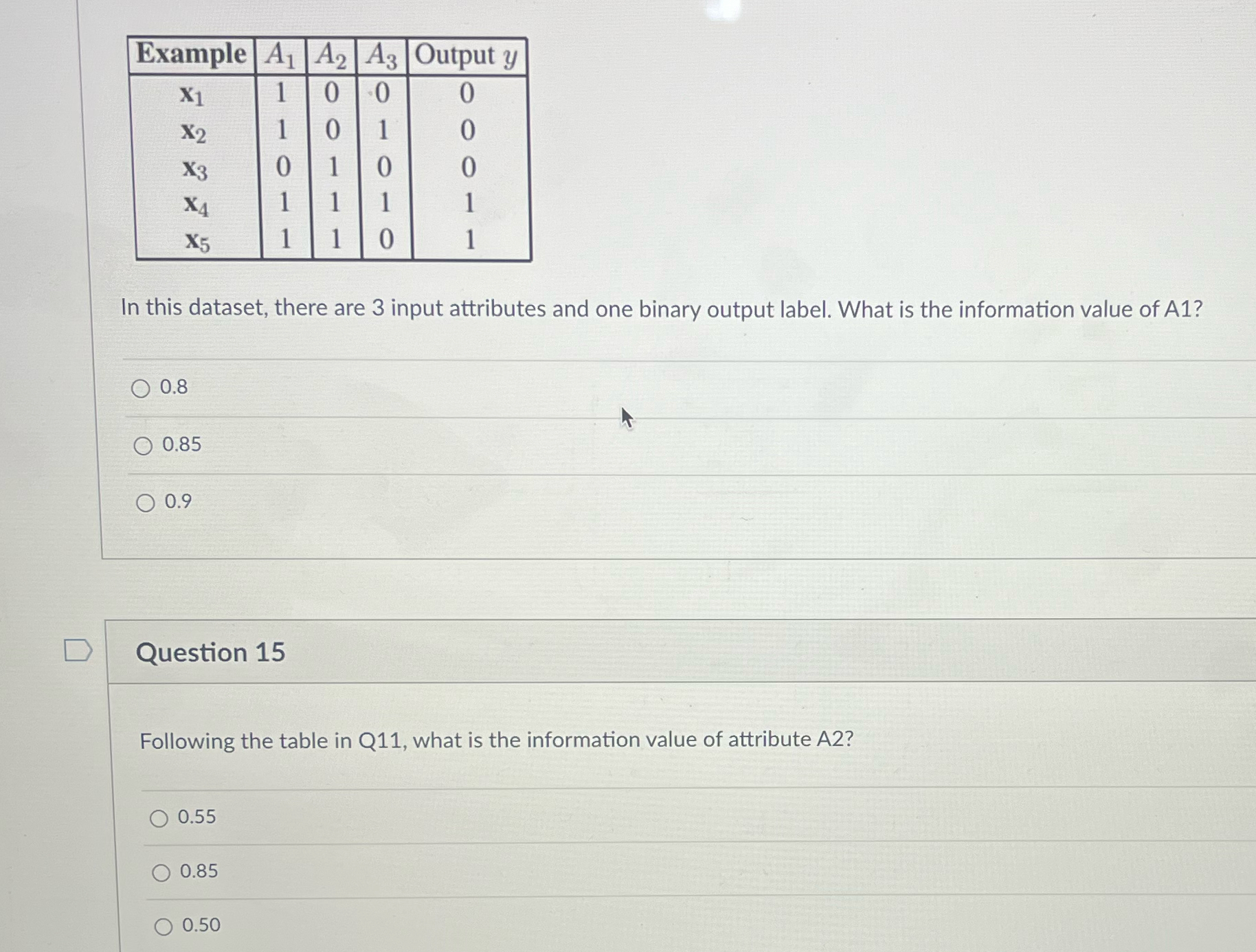 \ table [ [ Example , A 1 , A 2 , A 3 , Output y