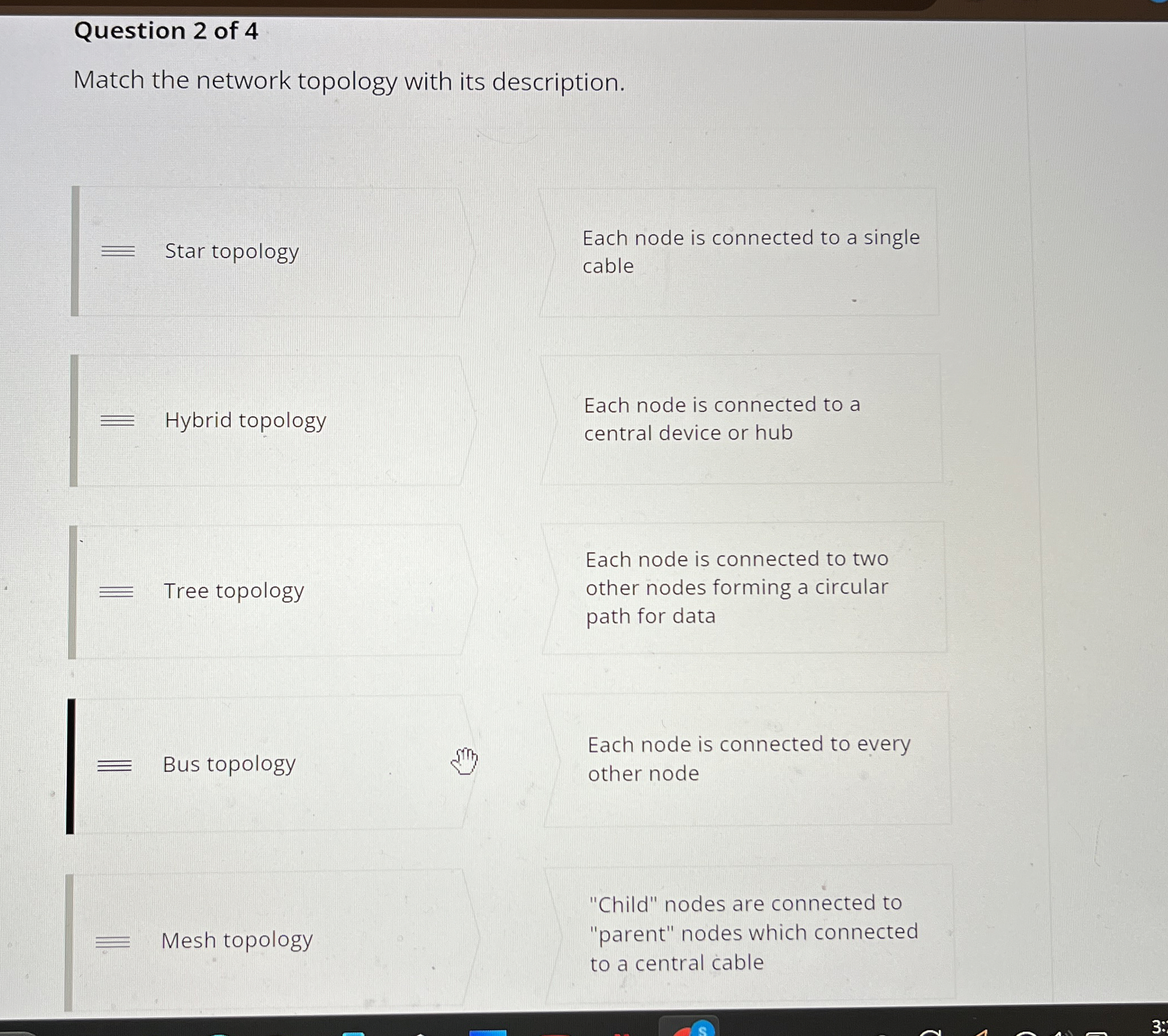 Question 2 of 4 Match the network topology with