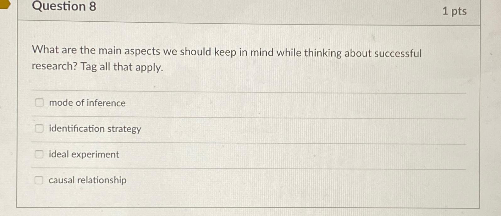 Question 8 1 pts What are the main aspects we