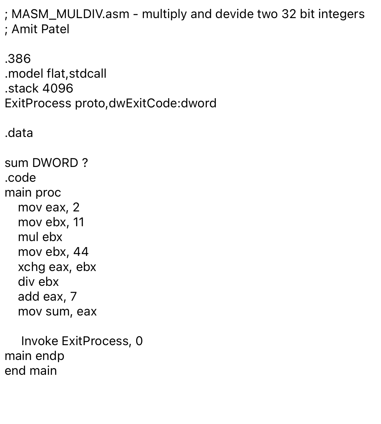 Write an assembly program to evaluate the result