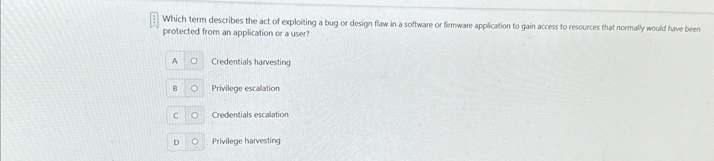 Which term describes the act of exploiting a bug