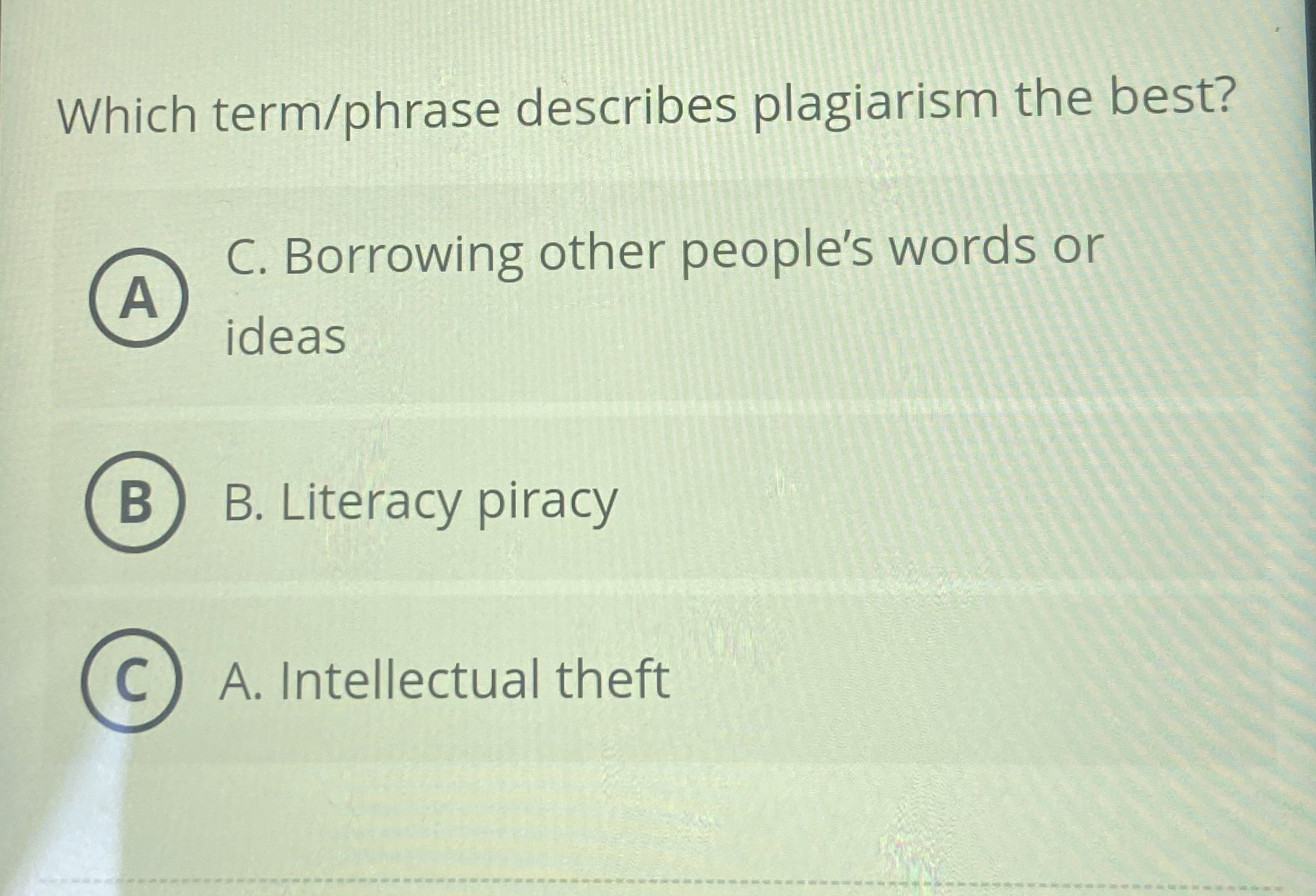 Which term / phrase describes plagiarism the