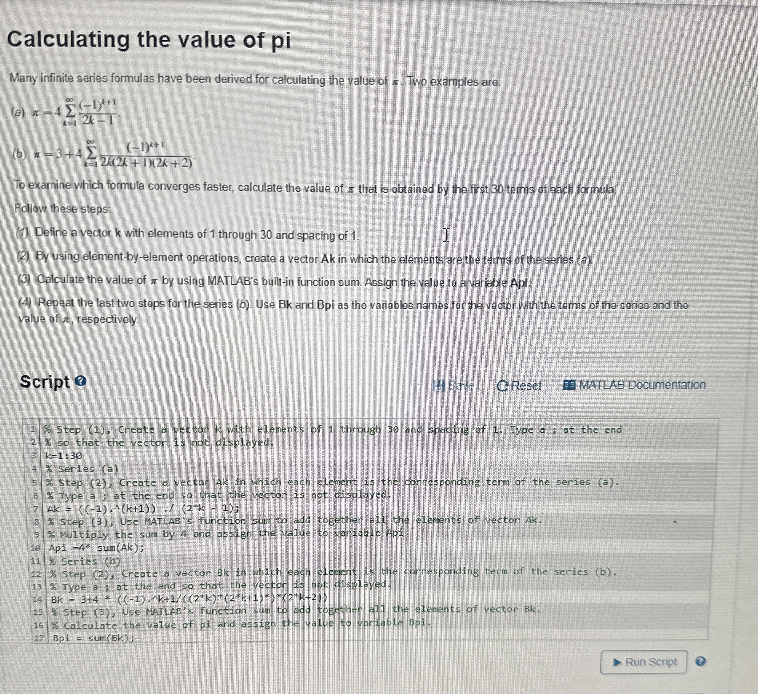 Calculating the value of pi Many infinite series