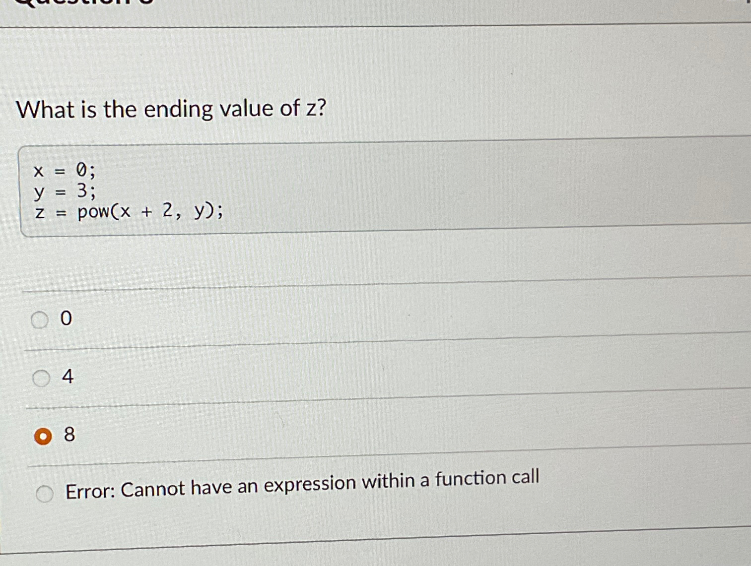 What is the ending value of z ? x = 0 y = 3 z =