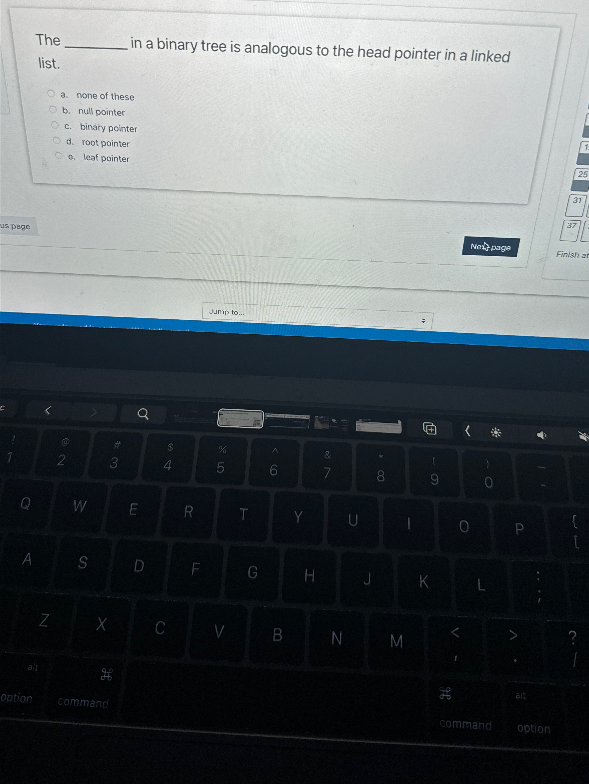 The in a binary tree is analogous to the head