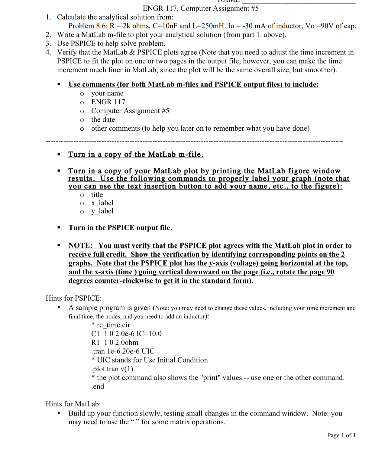 ENGR 1 1 7 , Computer Assignment # 5 Calculate