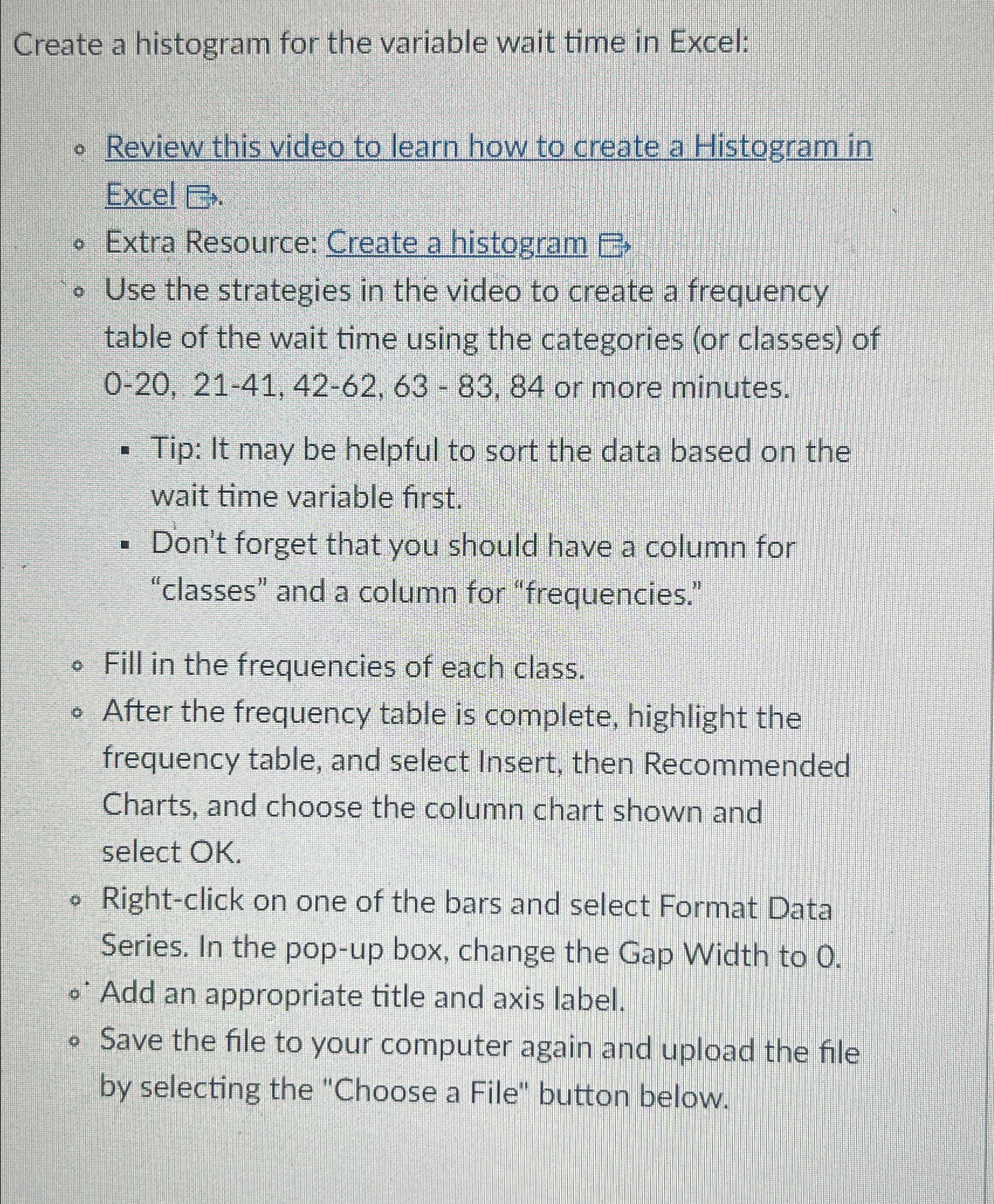 Create a histogram for the variable wait time in