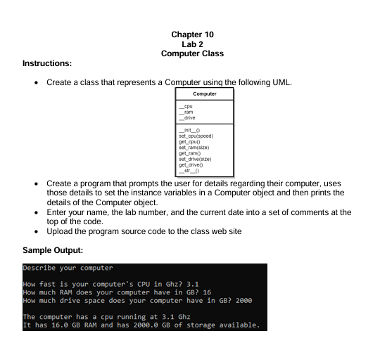 Lab 2 Computer Class Instructions: Create a class