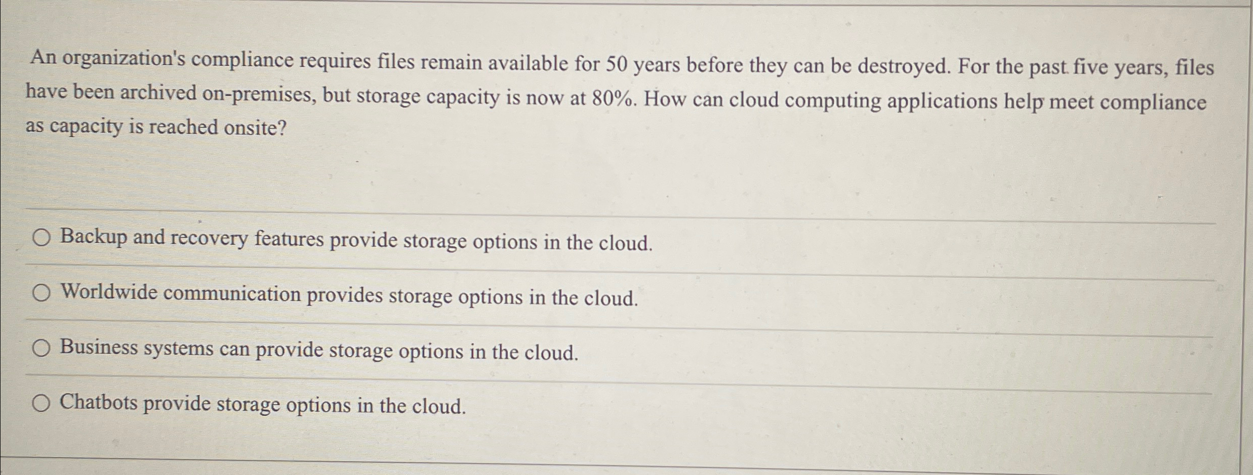 An organization's compliance requires files