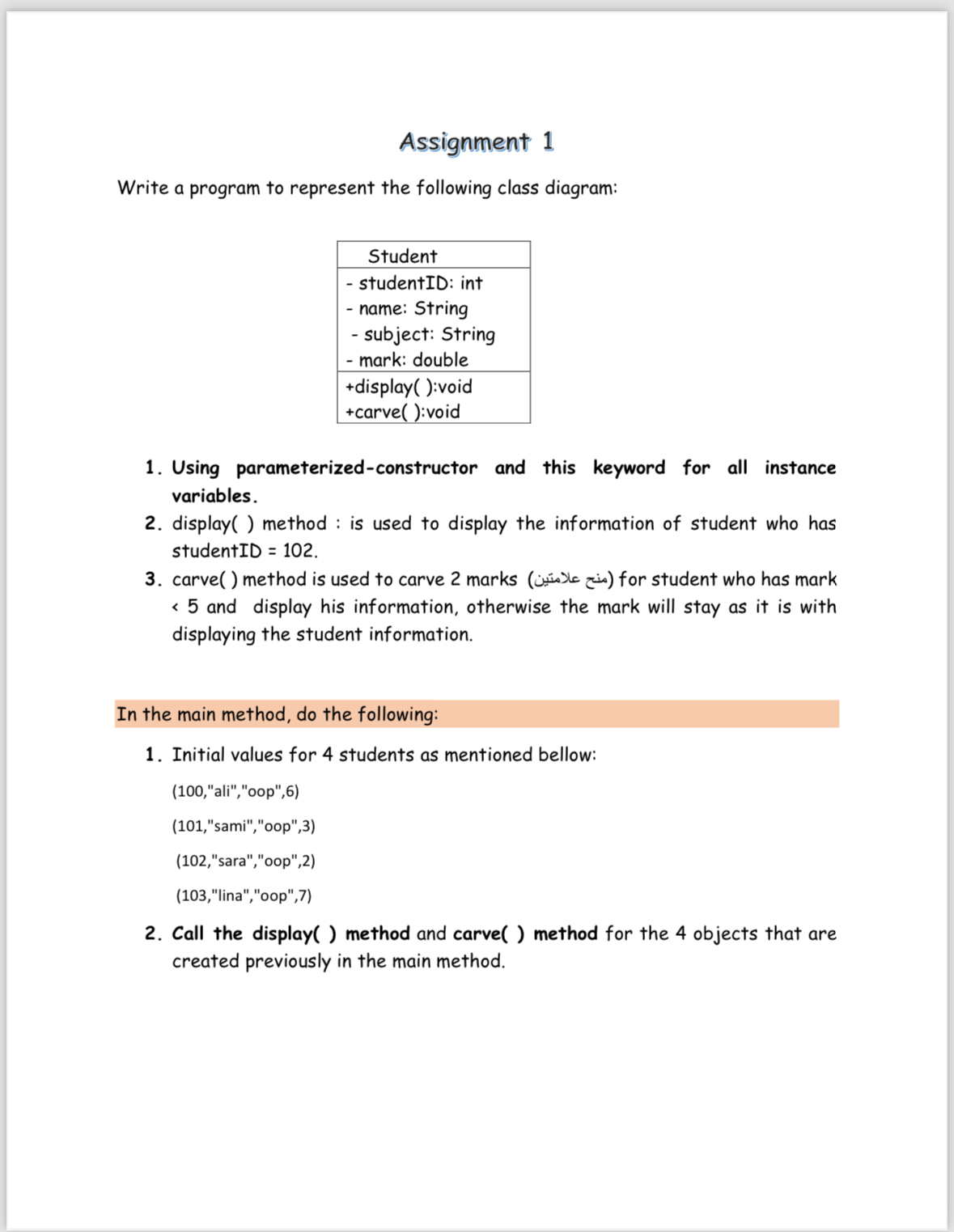 Assignment 1 Write a program to represent the