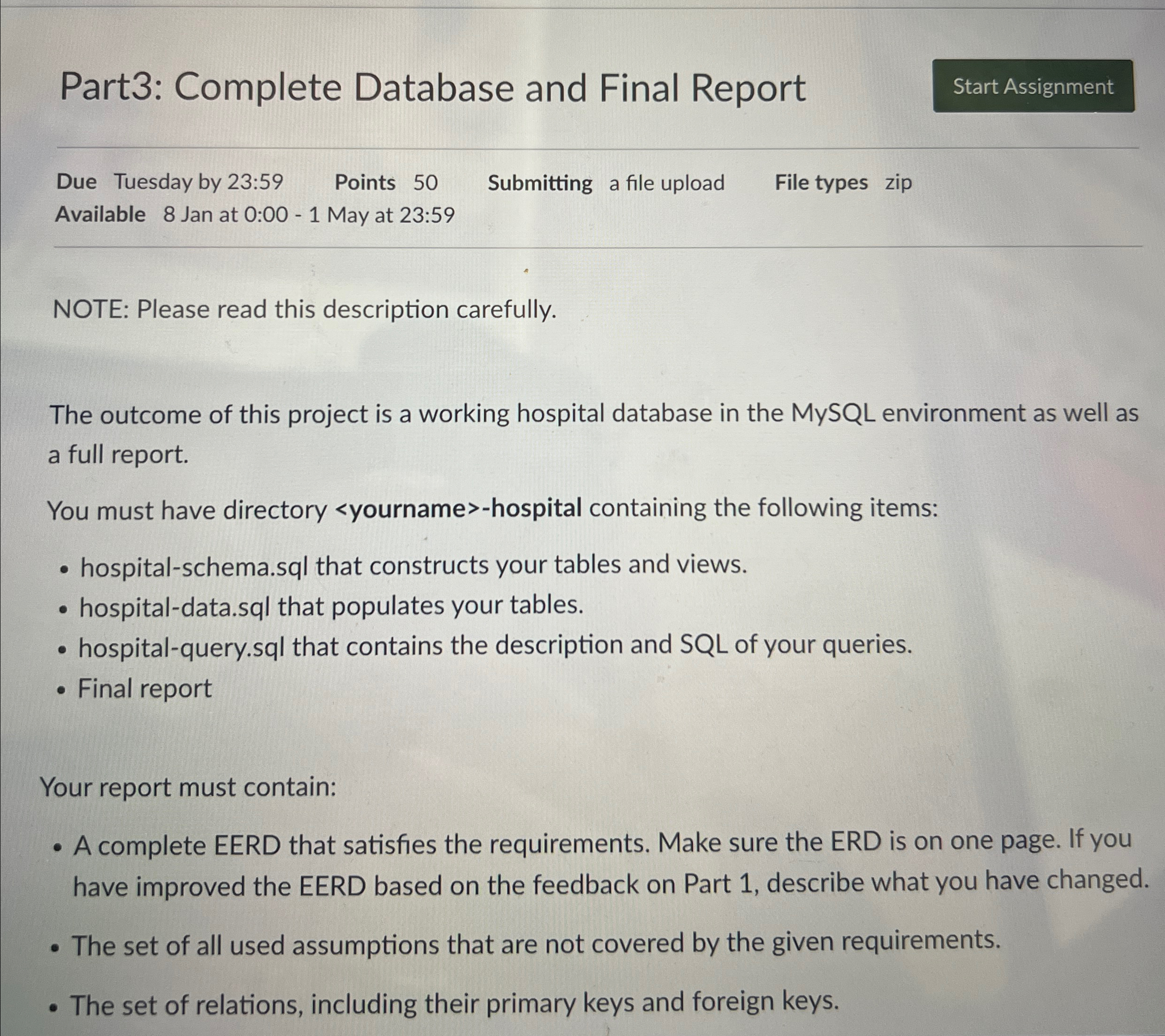 Part 3 : Complete Database and Final Report Due