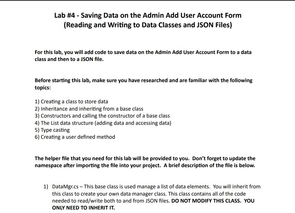 For this lab, you will add code to save data on