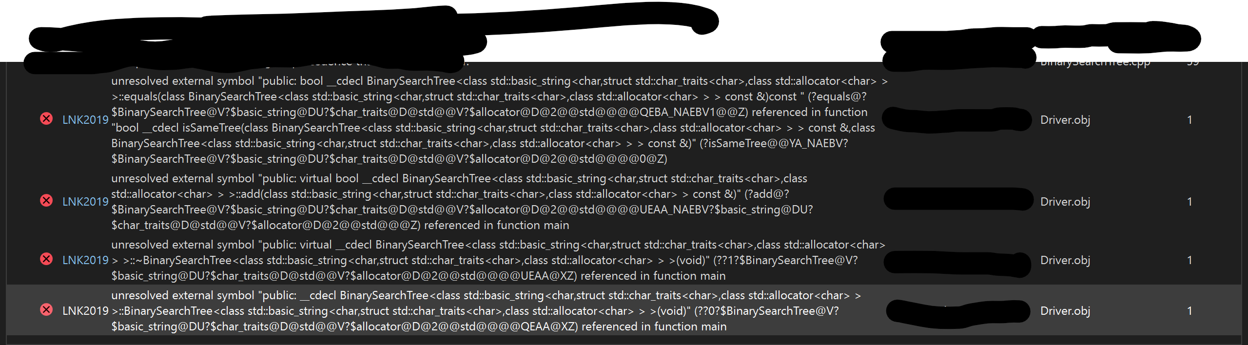 C + + , Visual Studio. I've been getting four LNK