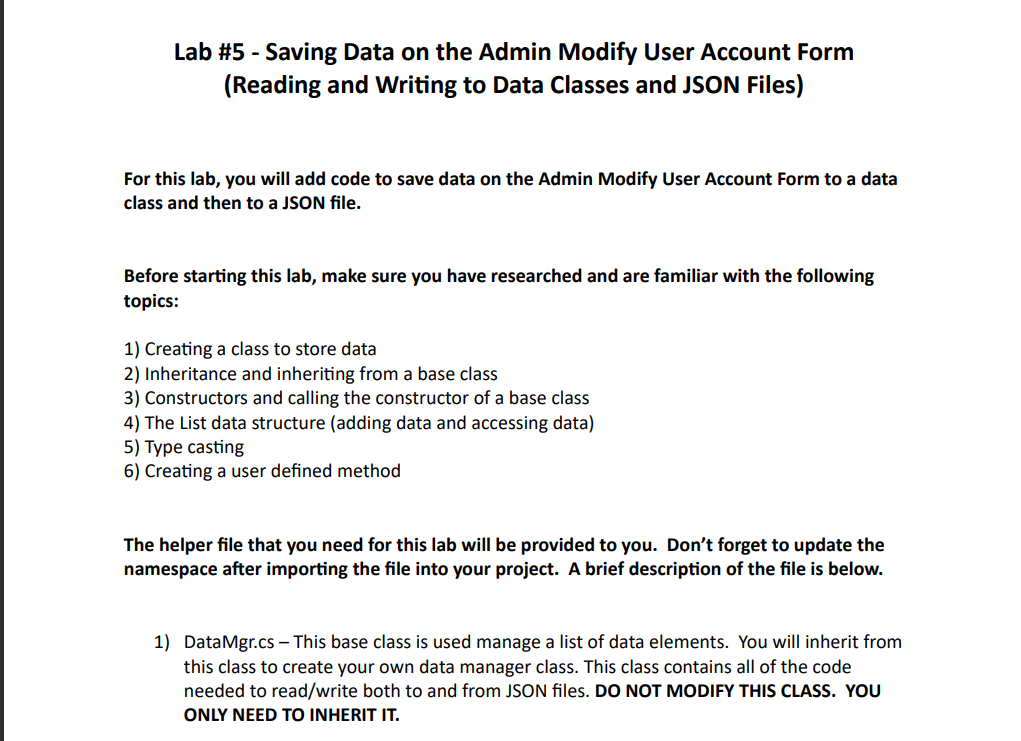For this lab, you will add code to save data on