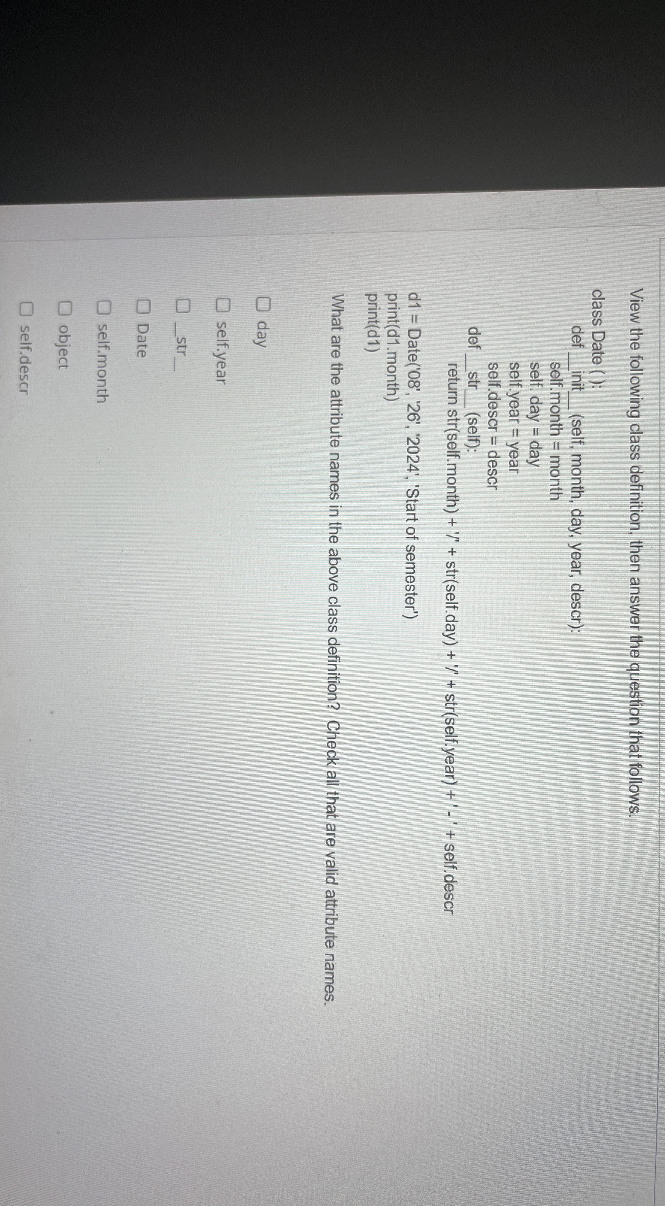 r View the following class definition, then