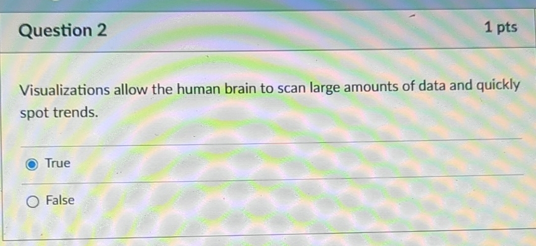 Question 2 1 pts Visualizations allow the human