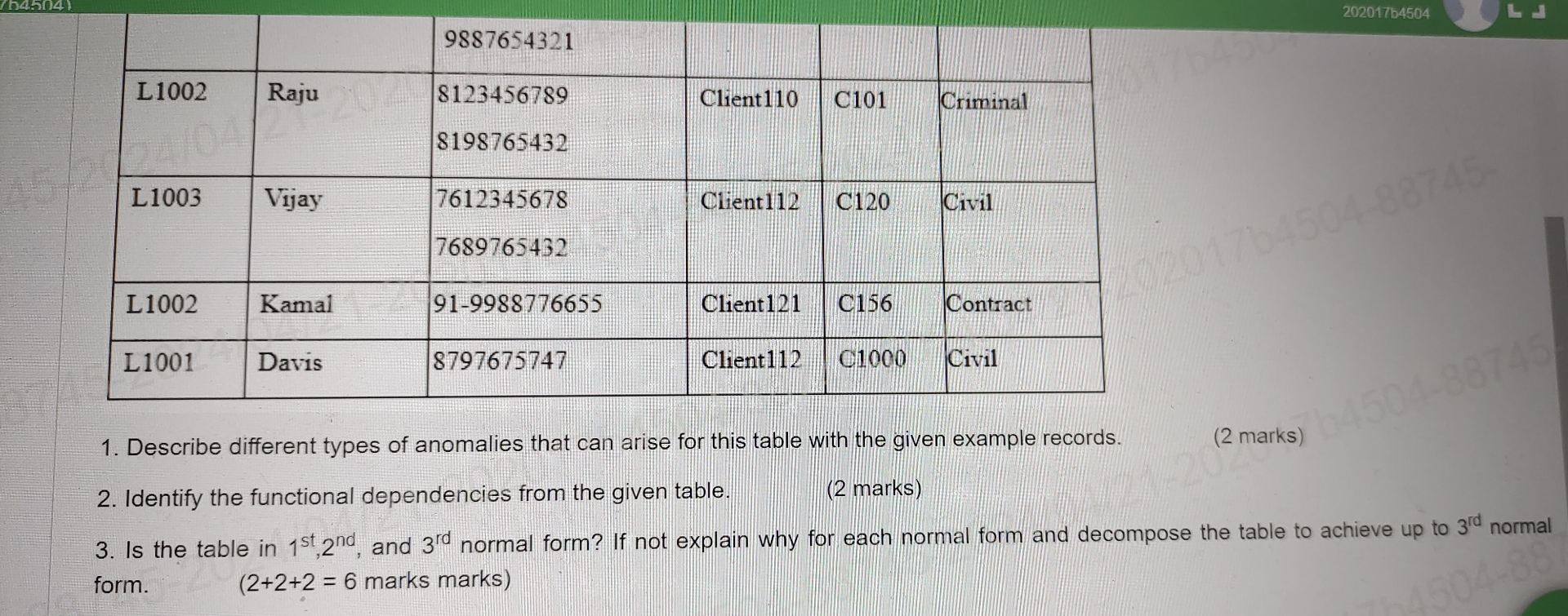 Consider the relation Legal _ service with the