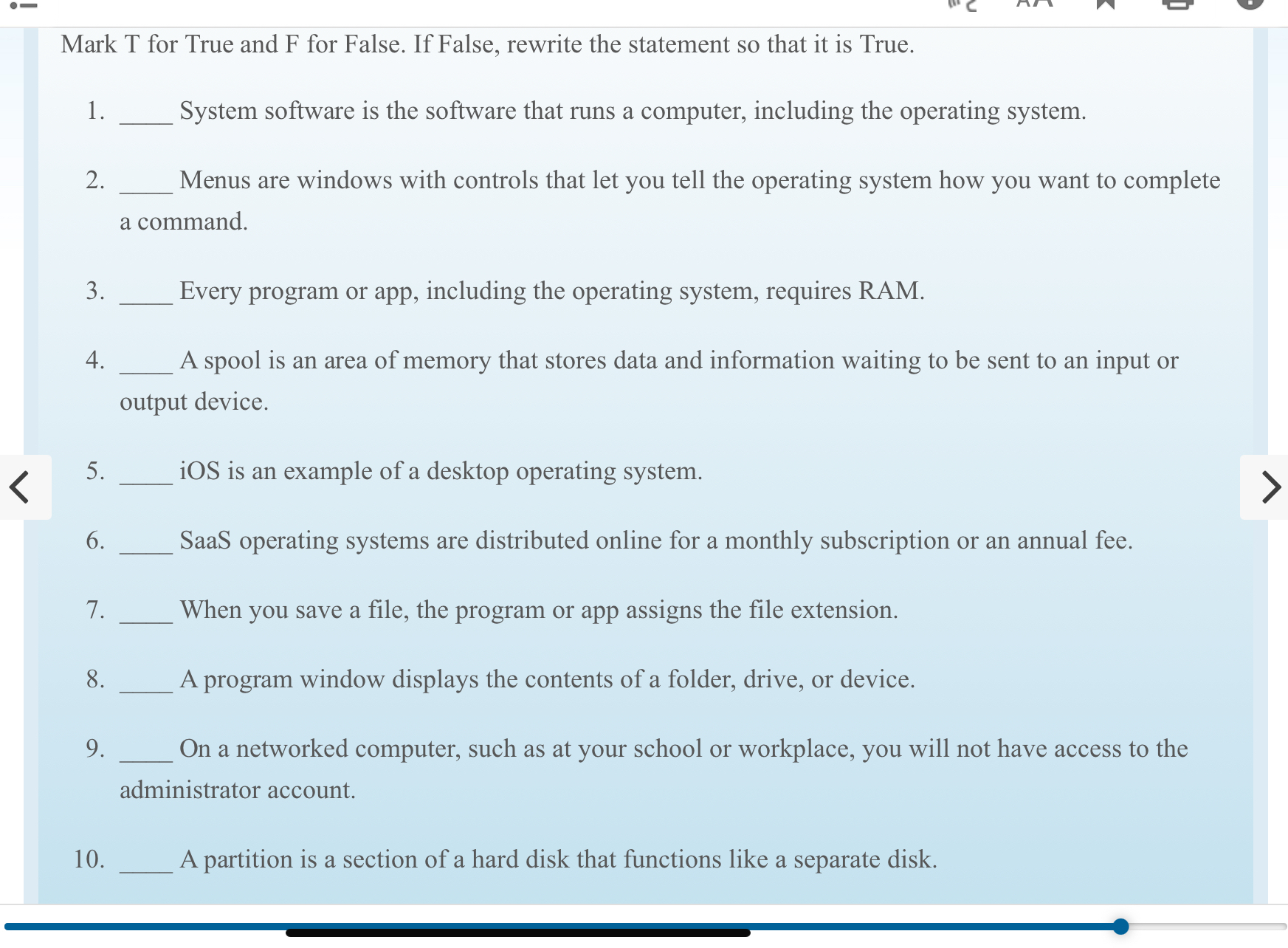 Mark T for True and F for False. If False,