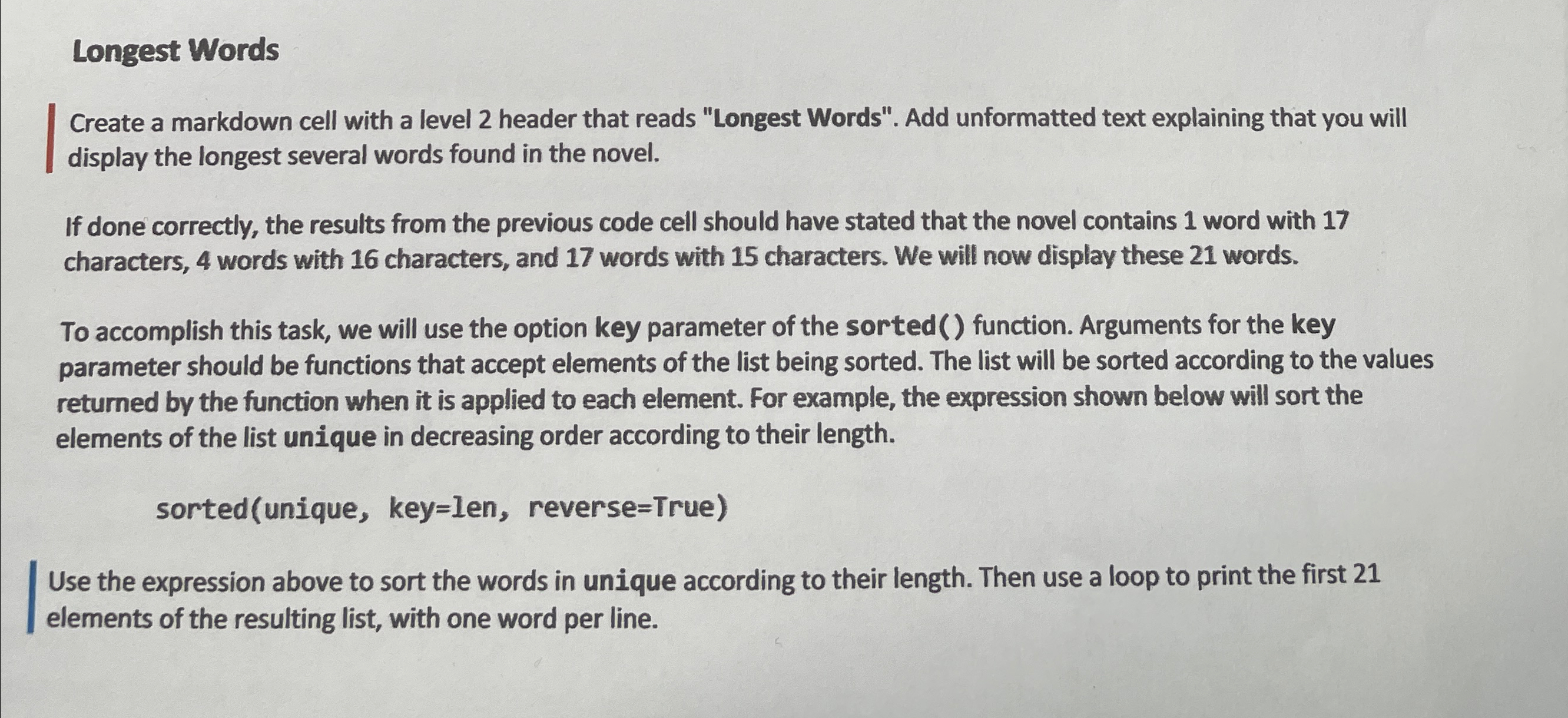 Longest Words Create a markdown cell with a level