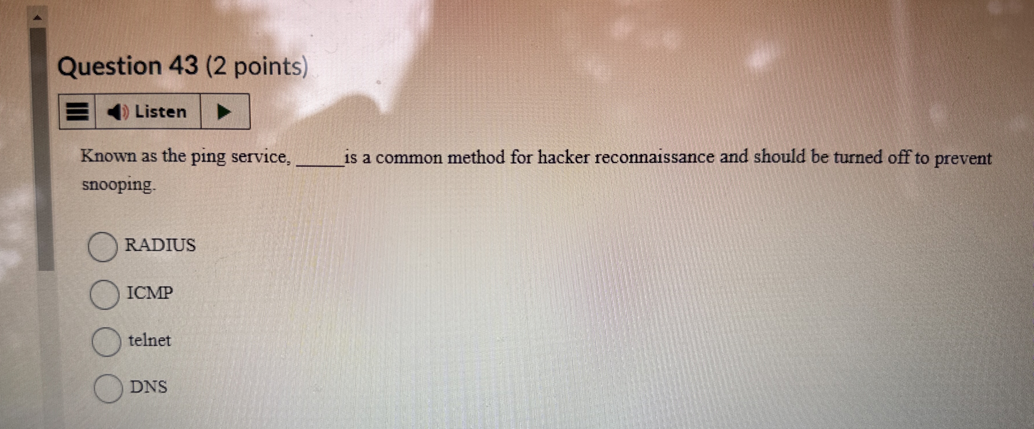 Question 4 3 ( 2 points ) Known as the ping