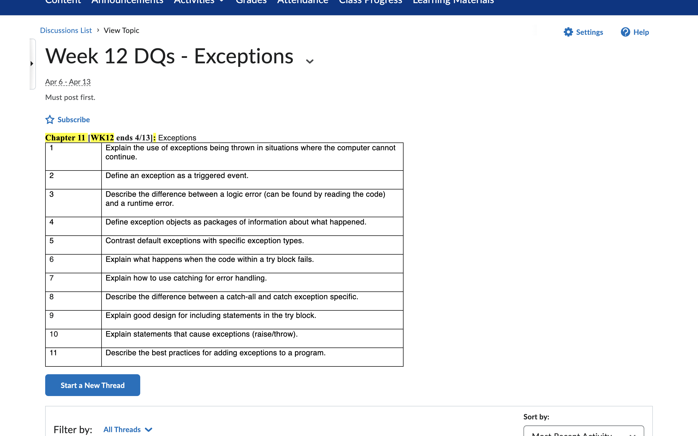 Discussions List > View Topic Settings Help Week