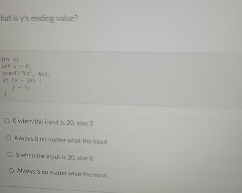 hat is y ' s ending value? 0 when the input is 2