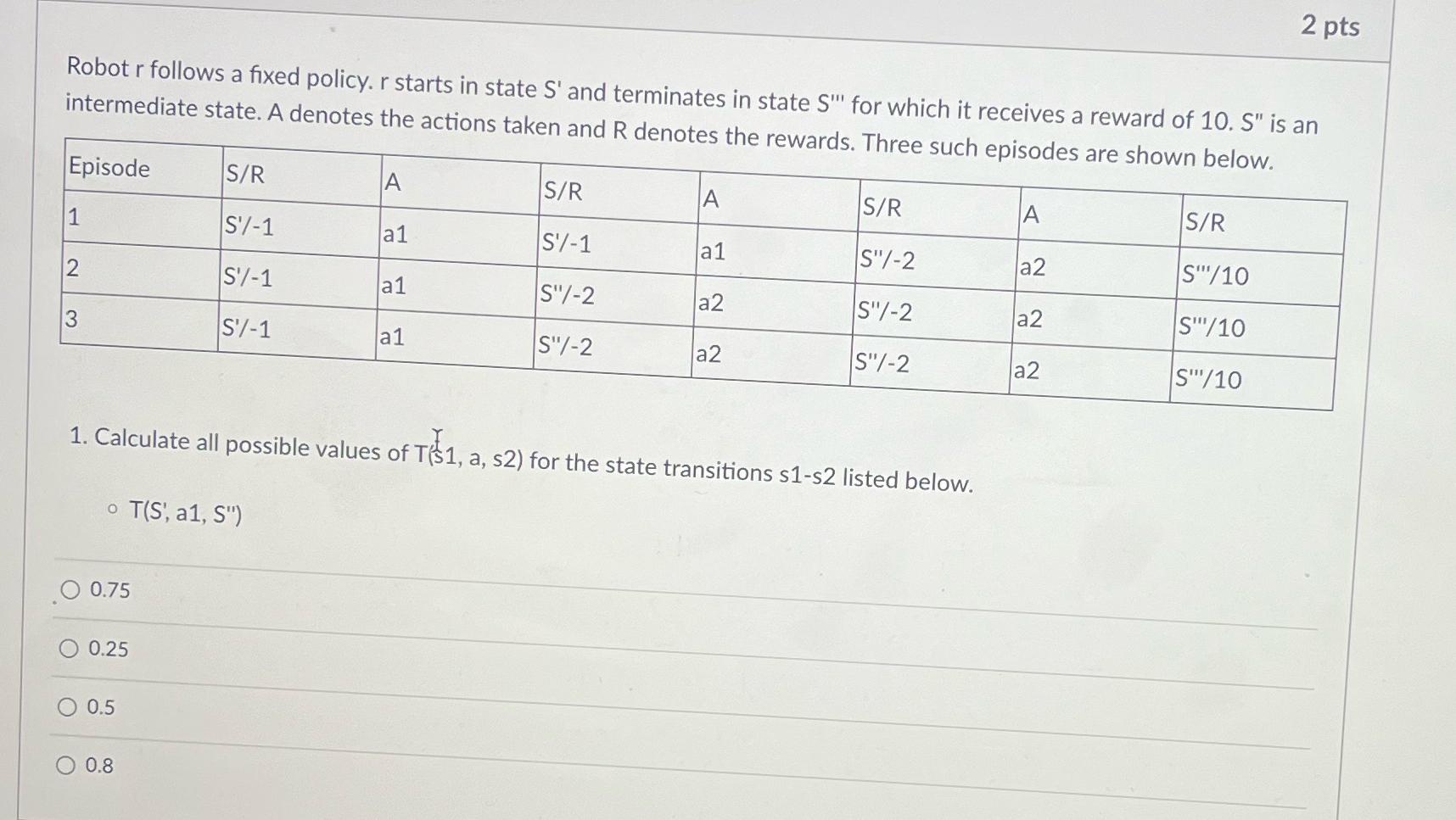 2 pts Robot r follows a fixed policy. r starts in