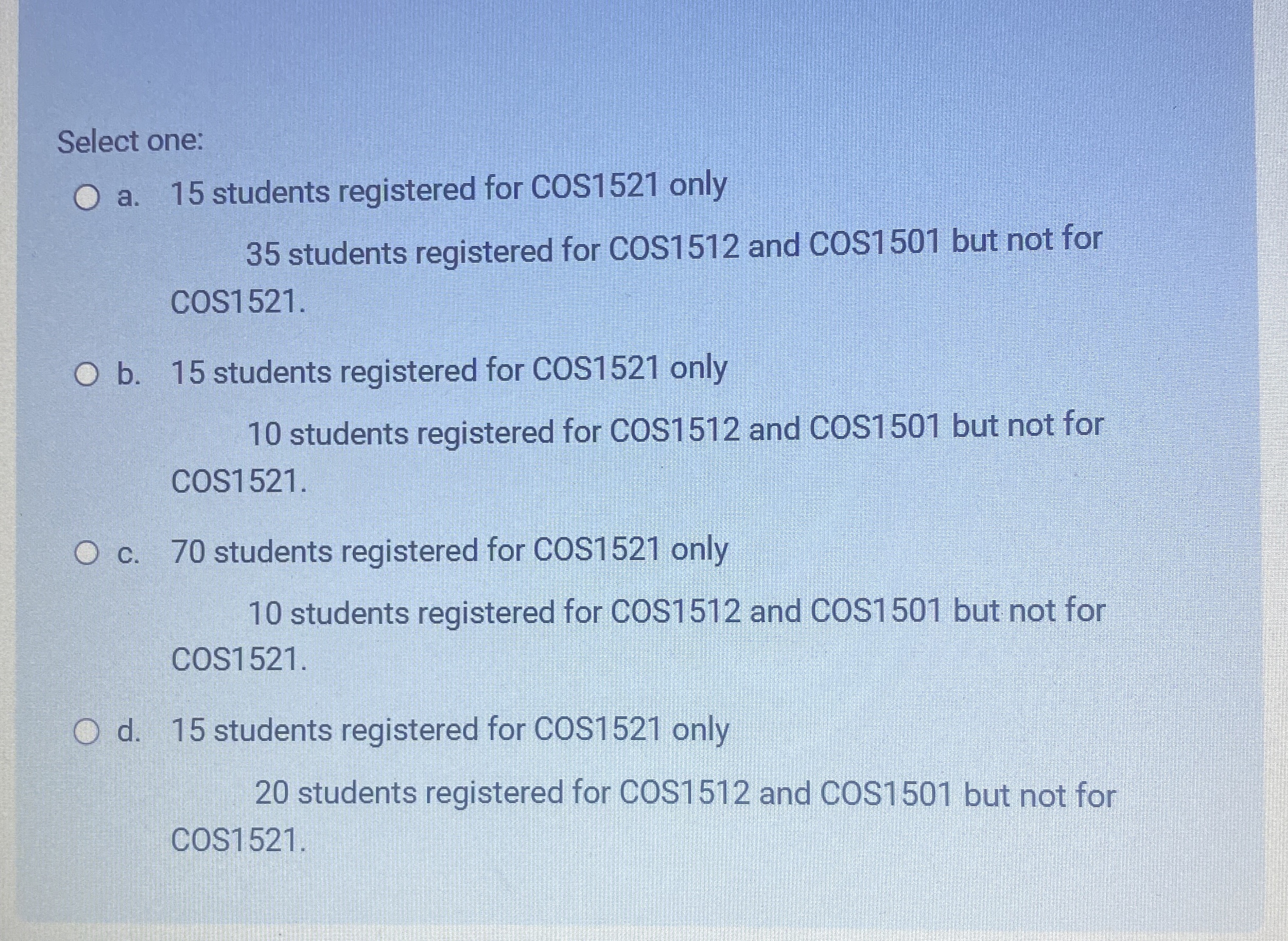 Select one: a . 1 5 students registered for COS 1