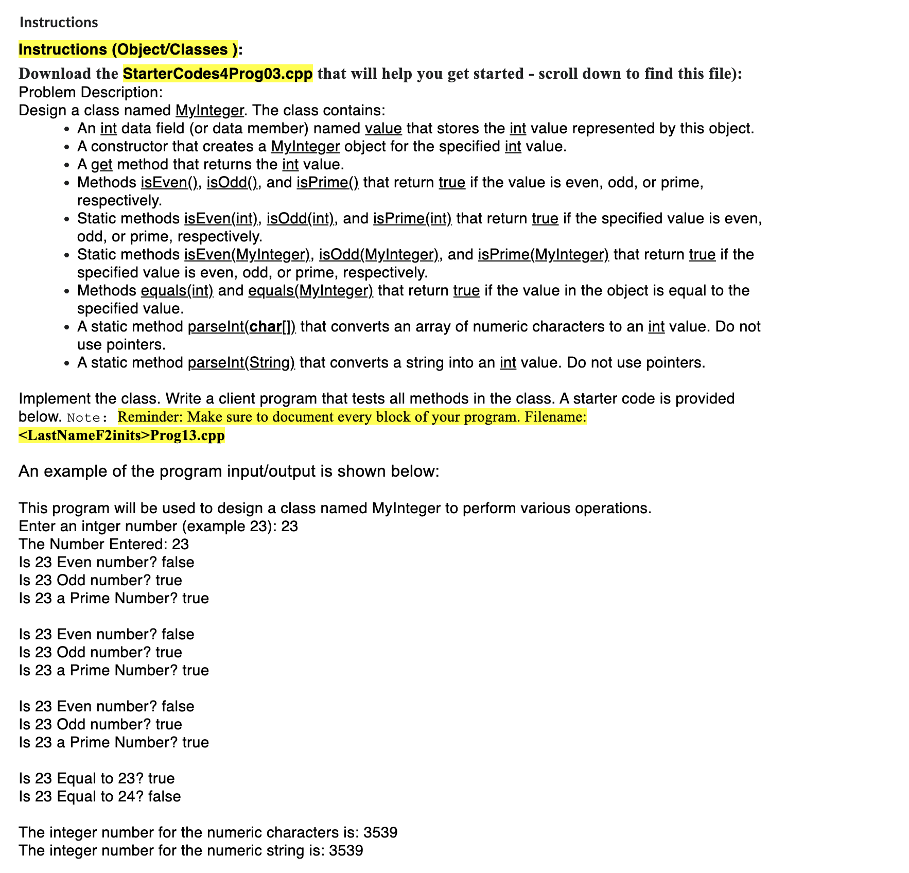 Instructions Instructions ( Object / Classes ) :
