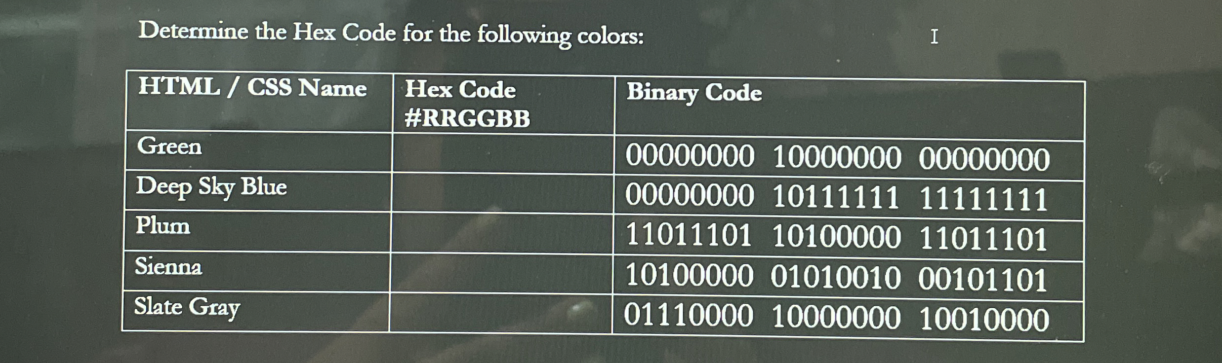 Determine the Hex Code for the following colors: