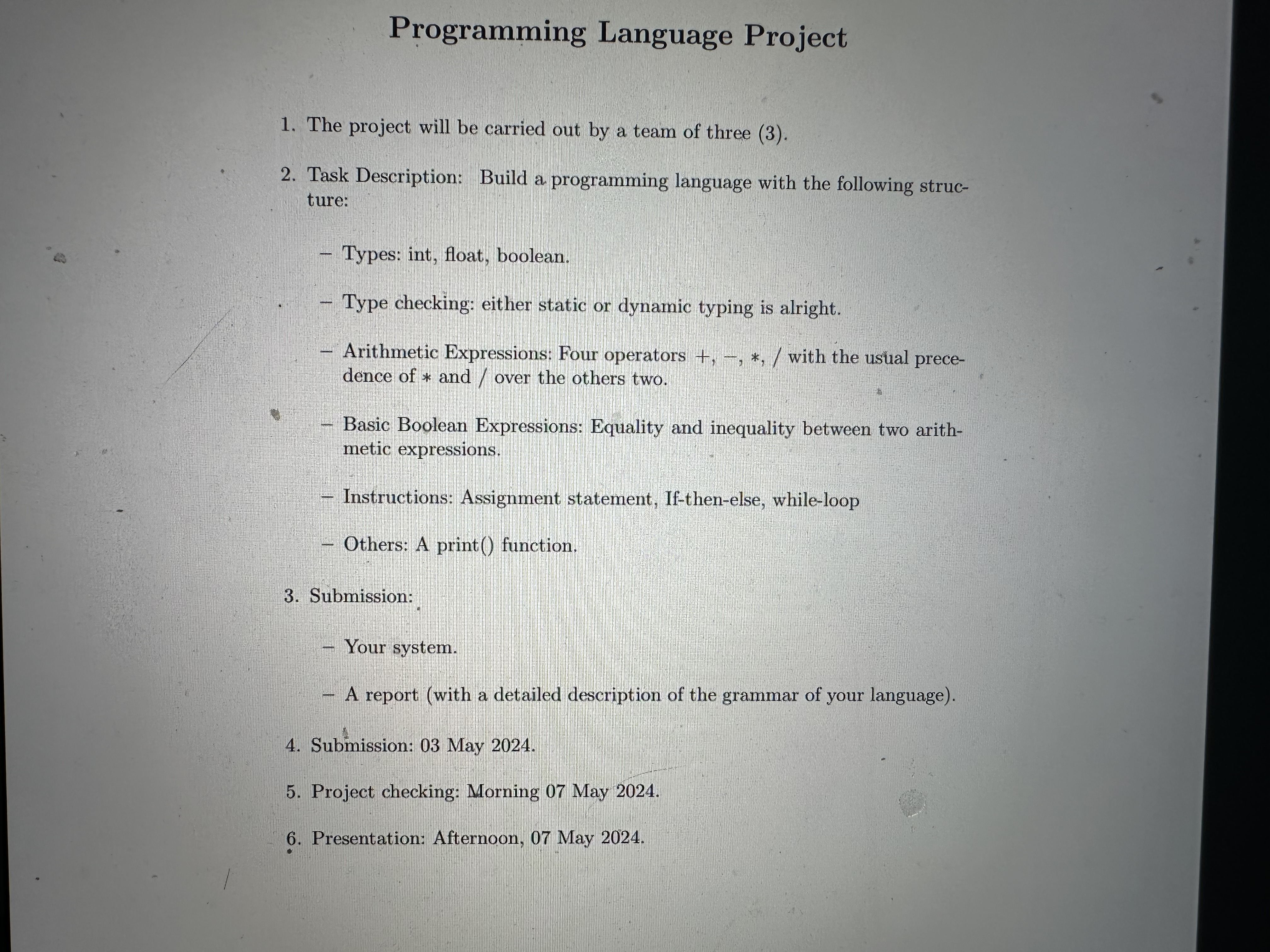 Programming Language Project. Task Description: