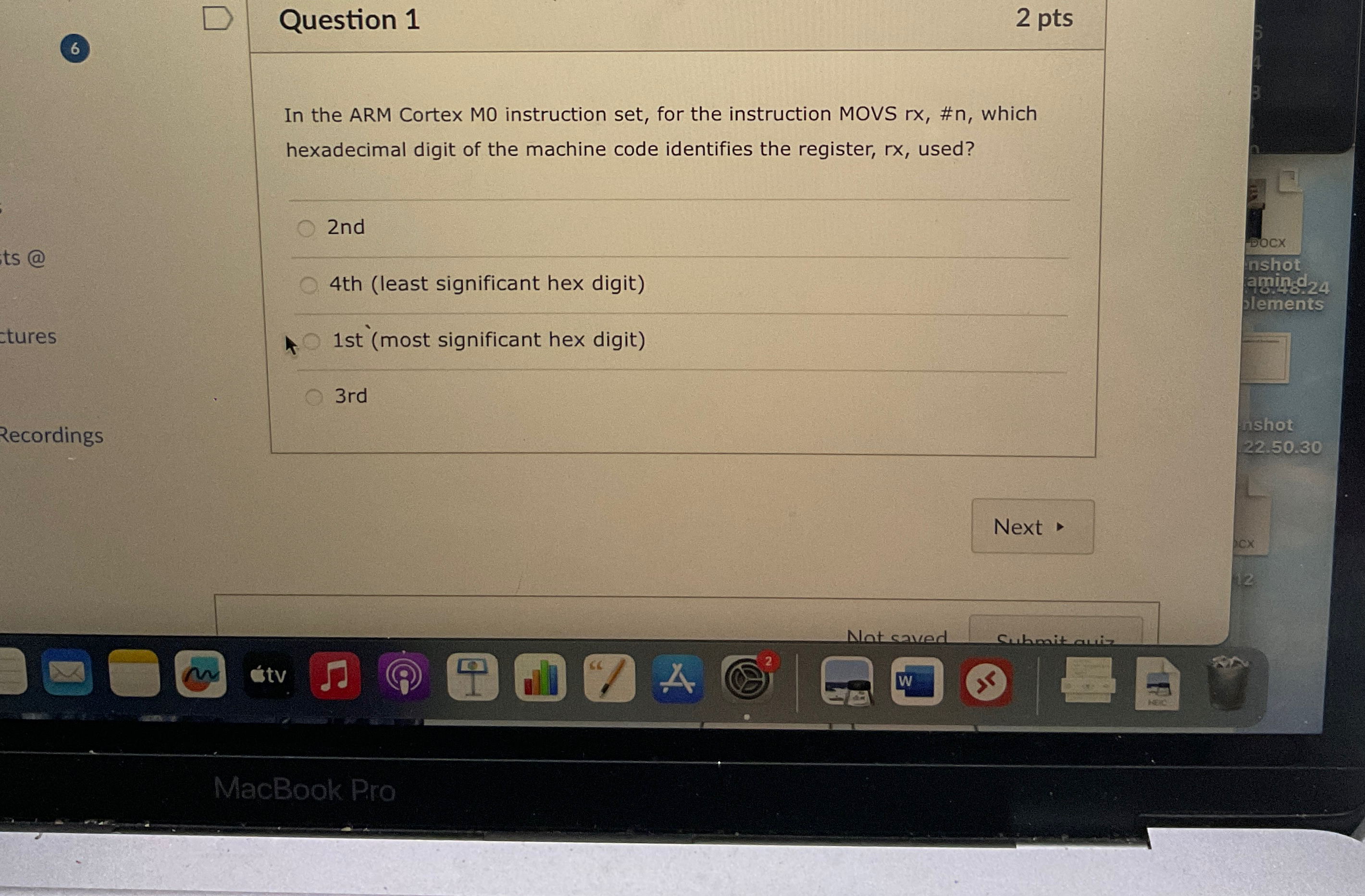 Question 1 2 pts In the ARM Cortex MO instruction
