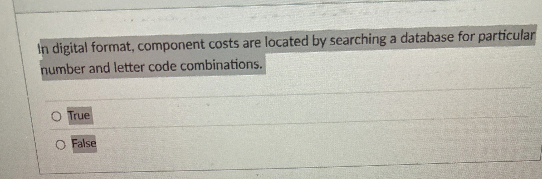 In digital format, component costs are located by