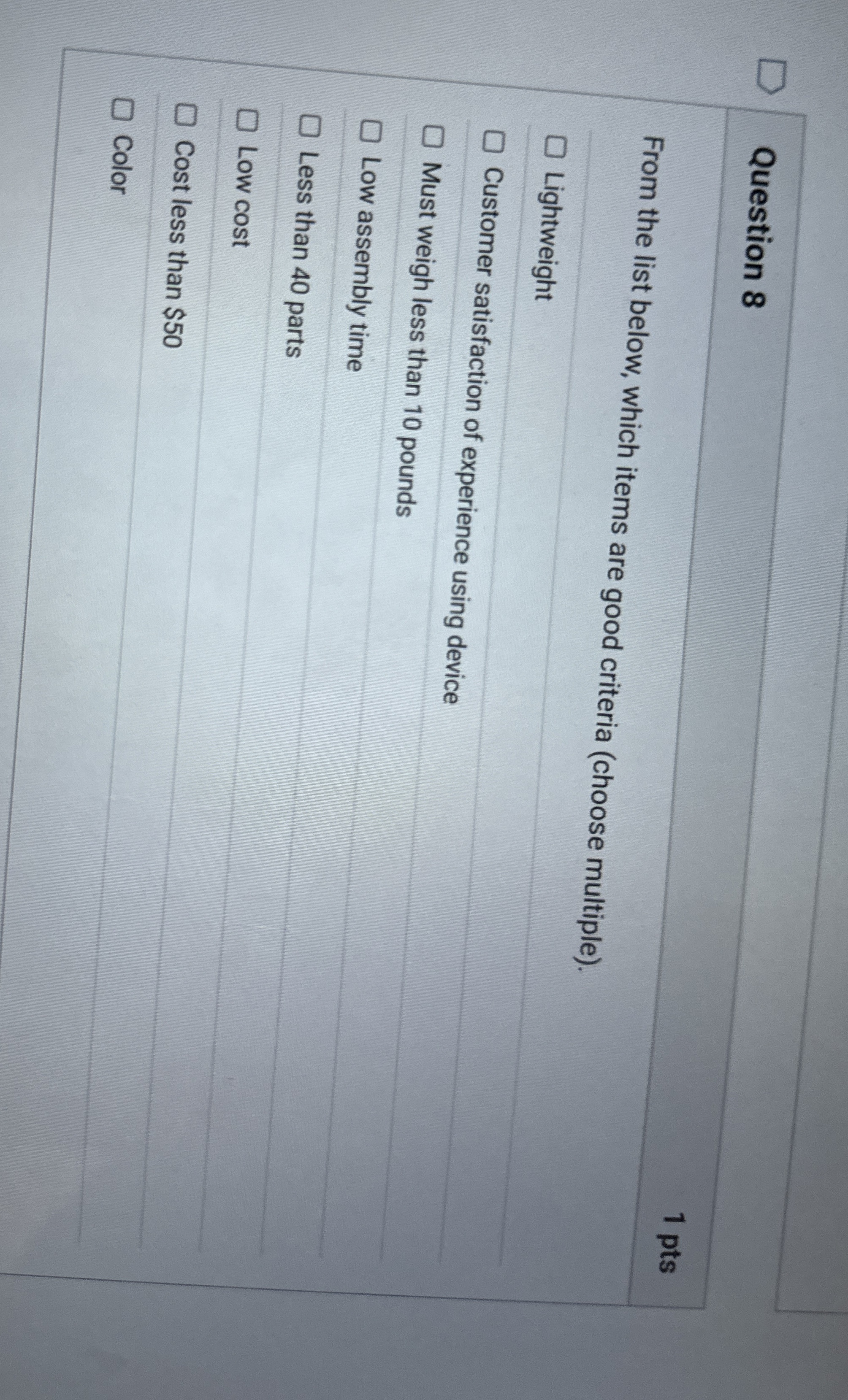 Question 8 1 pts From the list below, which items