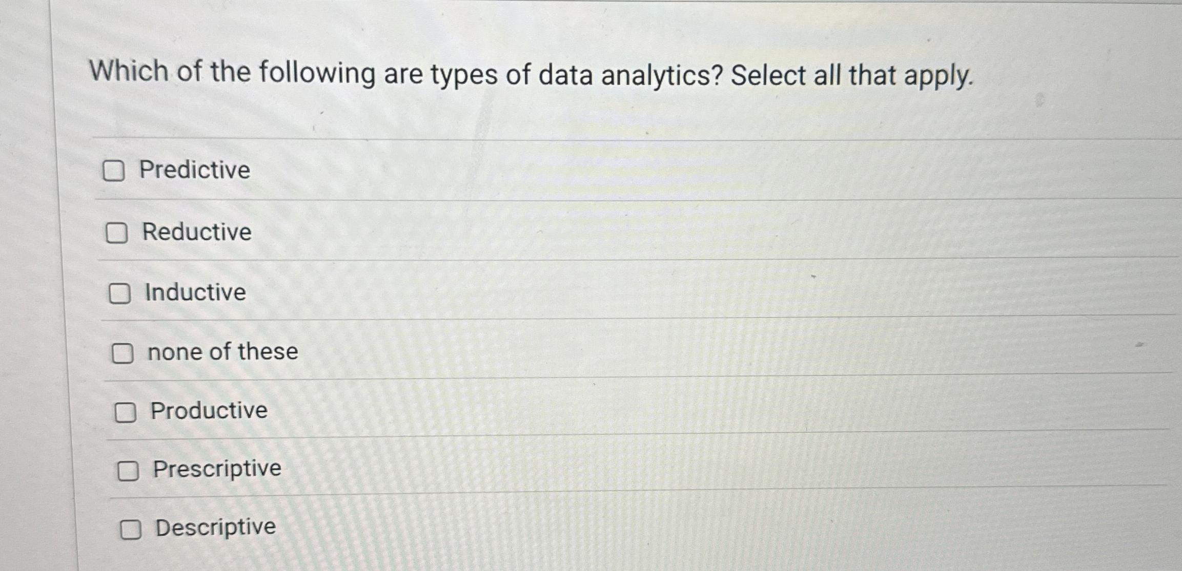 Which of the following are types of data
