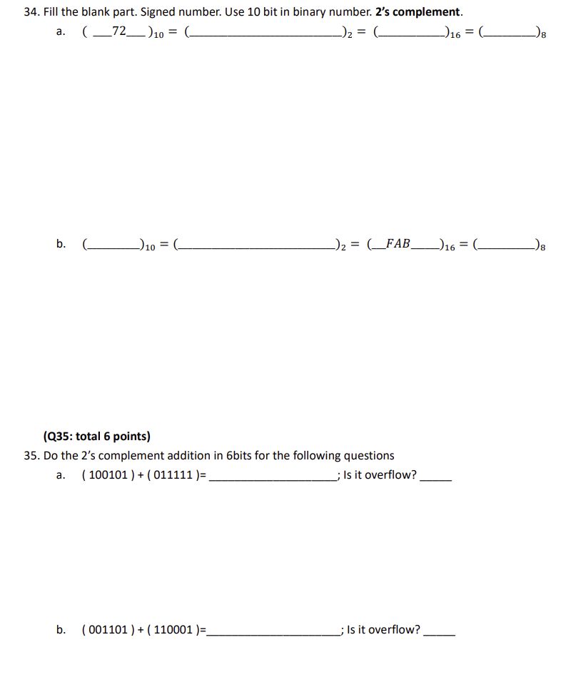 Fill the blank part. Signed number. Use 1 0 bit