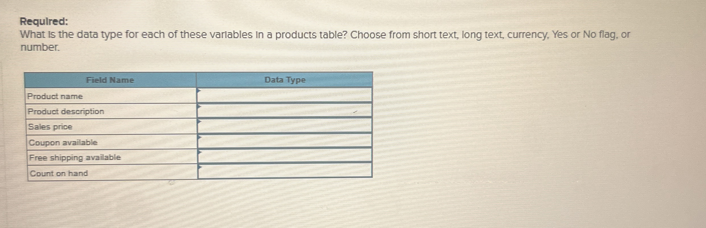 Required: What is the data type for each of these