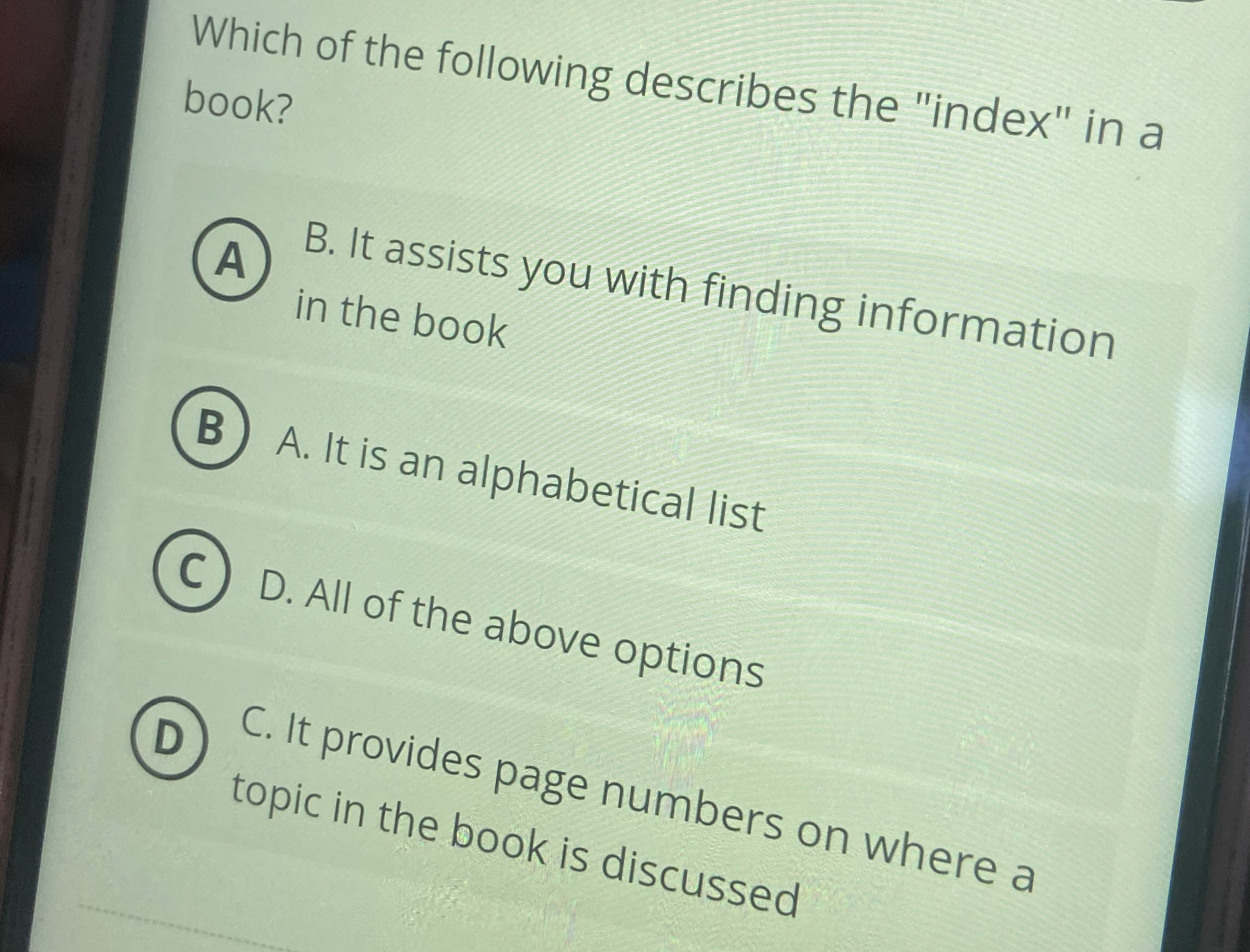 Which of the following describes the "index" in a