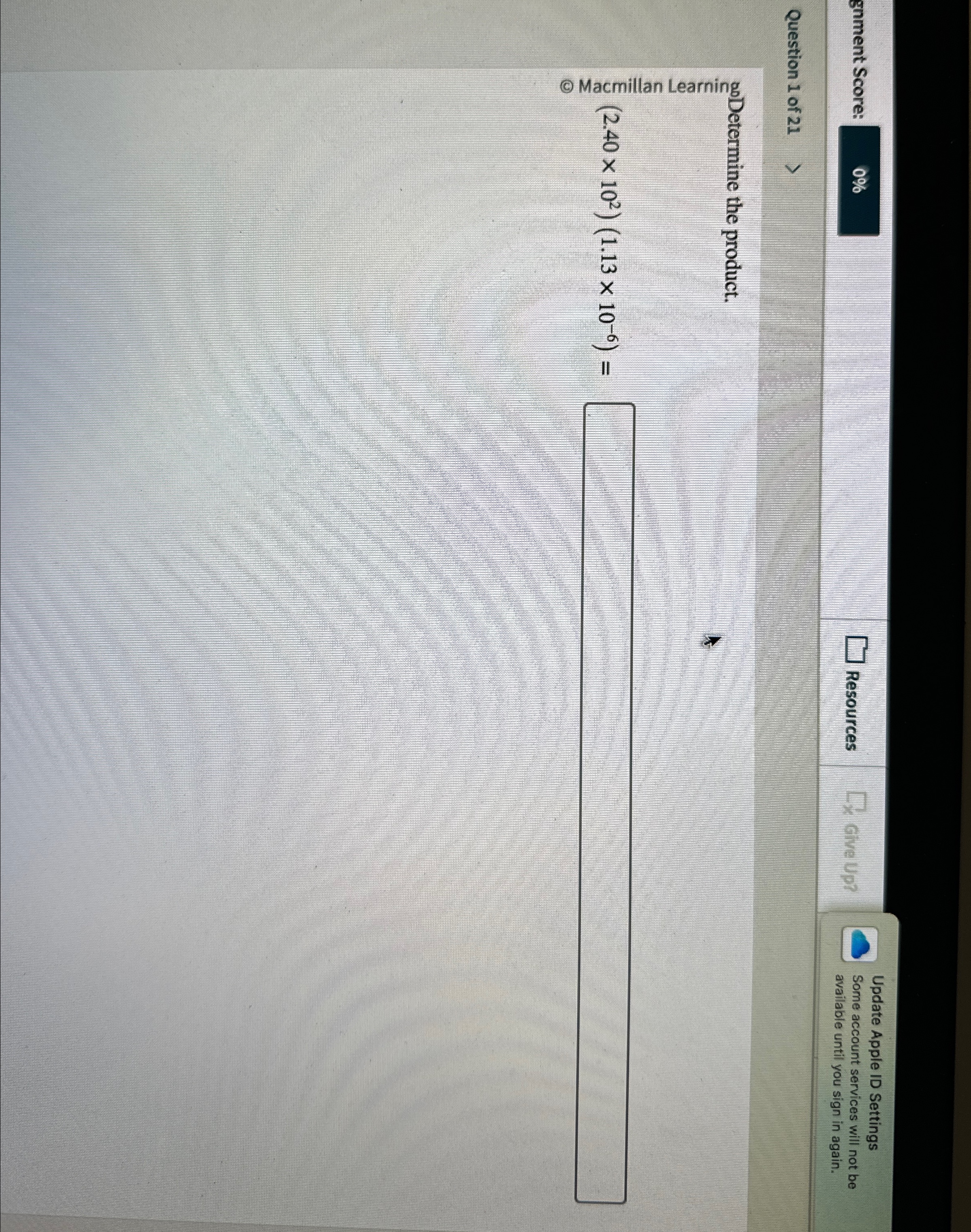 gnment Score: 0 % Resources Update Apple ID