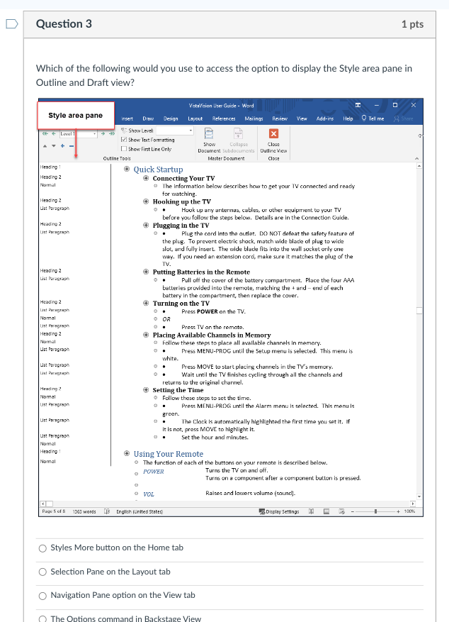 Styles More button on the Home tab Selection Pane