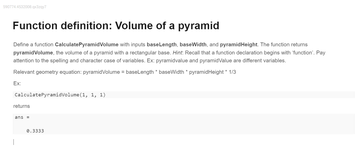 Code to call your function CalculatePyramidVolume