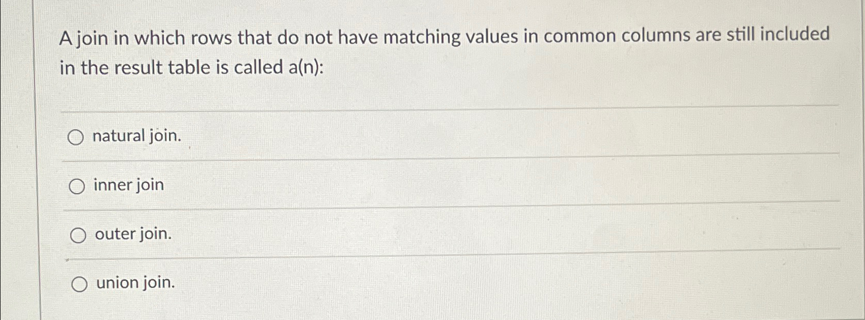 A join in which rows that do not have matching