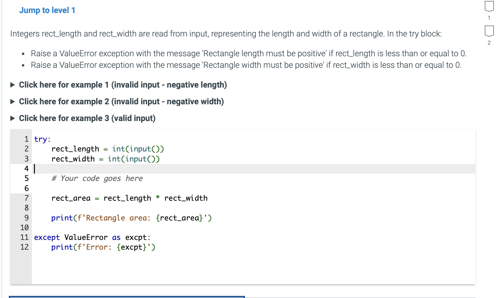 Integers rect _ length and rect _ width are read