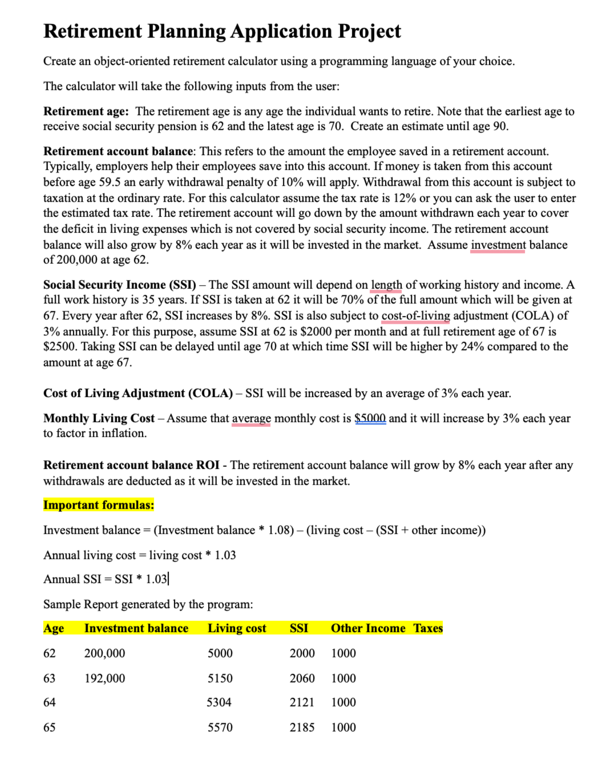 Retirement Planning Application Project Create an