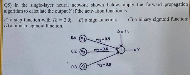 Q 5 ) In the single - layer neural network shown