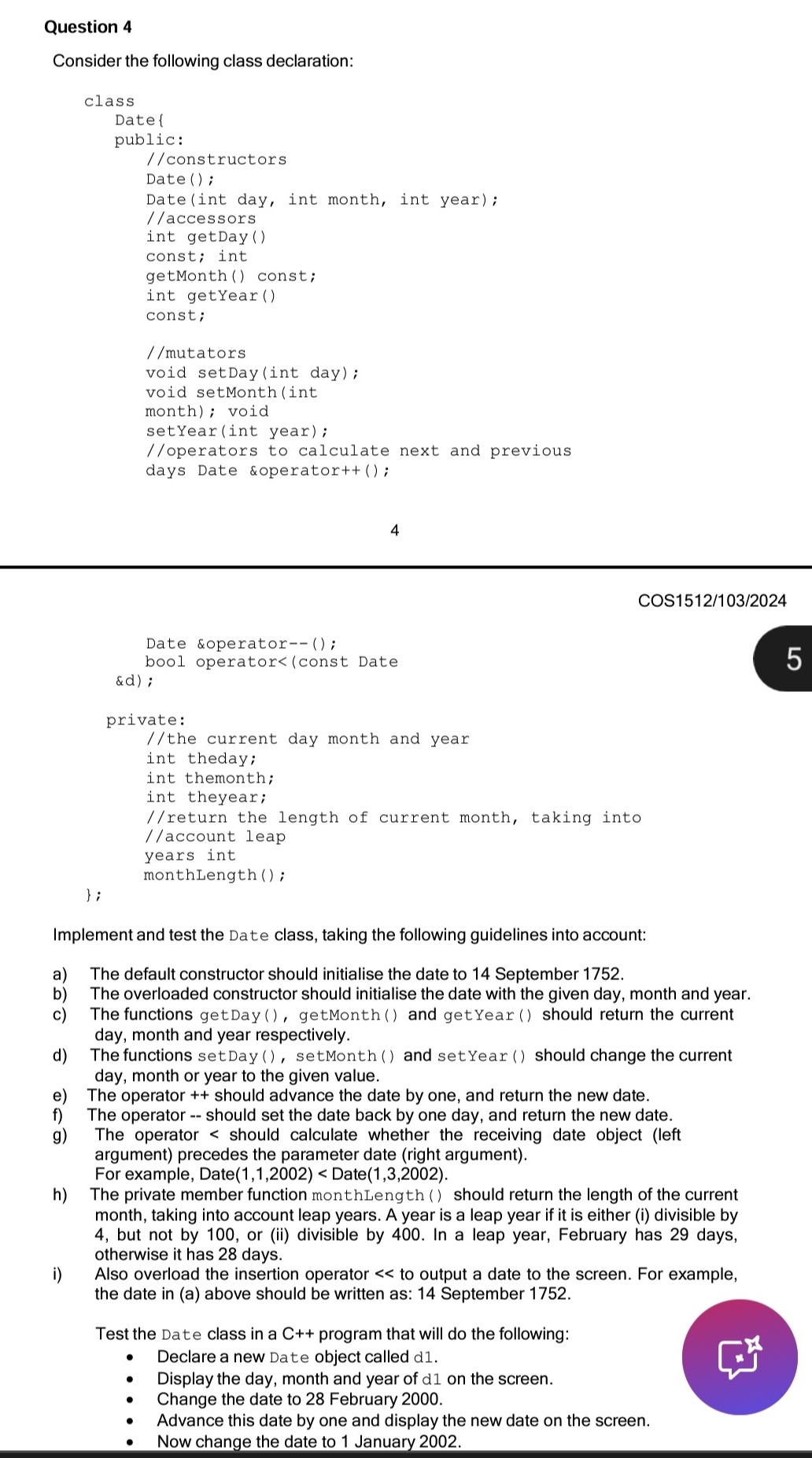 Question 4 Consider the following class